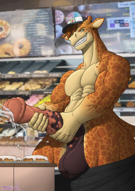 animal_genitalia animal_penis anthro balls big_balls big_penis bodily_fluids bottomwear bottomwear_down brown_body brown_fur brown_hair clothed clothing cum cum_on_food cumshot dessert donut_shop doughnut ejaculation employee equine_genitalia equine_penis food fur genital_fluids genitals giraffe giraffid grin hair hi_res huge_cock looking_at_viewer male mammal markings masturbation muscular muscular_anthro muscular_male pants pants_down partially_clothed penile penile_masturbation penis saruuk shirtless smile solo spots spotted_body spotted_fur store underwear underwear_down