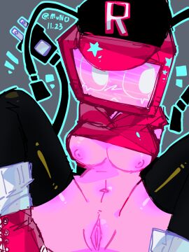 1girls areolae bottomless breasts breasts_out dated female female_only forsaken_(roblox) munooo137 nipples pink_body pussy roblox roblox_game robloxian robot self_upload tagme tv_head tv_screen veeronica