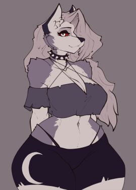 1girls anthro blank_background coatl_(artist) curvaceous female fur furry hellhound helluva_boss long_hair looking_at_viewer loona_(helluva_boss) spiked_collar tagme thecoatl034 thick_thighs white_body white_fur white_hair wide_hips