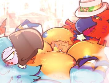 2d 3boys absurd_res avian beak between_pecs between_pectorals big_pecs bird blissful blue_body blue_feathers blush breath_of_the_wild clothing crossover demon furry furry_only gay handholding hat headwear holding_hands kass_(zelda) kings_of_hell male male_only multiple_boys multiple_males muscular muscular_anthro muscular_male mythology nintendo nipples no_genitals no_sex nonhuman pecs pecs_touching phenex_(kings_of_hell) red_body red_feathers rito salamikii size_difference smile smiling_at_another the_legend_of_zelda the_legend_of_zelda:_breath_of_the_wild tophat