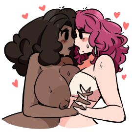 2girls background bikini_top blush breasts busty cleavage clothed clothes clothing couple dark dark-skinned_female dark_skin docking duo edit edited_screencap face-to-face female female/female female_only fig_(murgoten) fingers freckles gaze heart holding human interracial kissing light light-skinned_female light_skin melona_(murgoten) mob mole multiple_females multiple_girls murgoten nipples squish stickers sweat sweatdrop swimsuit third-party_edit tongue topwear yuri