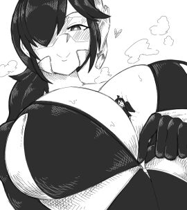 1boy 1girls bikini_top black_and_white bodysuit breasts female female_focus giantess gtstamago hair_over_one_eye harpy harpy_boy huge_breasts julie_(ravionstuff) male monochrome rav_(ravionstuff) smile sweaty tagme wings zipper zipper_down