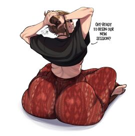 1boy 2025 2d 2d_(artwork) 2d_artwork arms_up artist_name artist_signature ass august_roberts_(blackwhiplash) back back_view barefoot big_ass blackwhiplash bottom_heavy bottom_heavy_femboy bracelet brown_hair dilf english_dialogue english_text fat_ass feet femboy_dilf forbidden_pants girly glasses huge_ass human large_ass looking_at_viewer looking_back male male_only necklace simple_background soles solo solo_male talking talking_to_viewer teeth text thick thick_ass tied_hair tight_clothing tying_hair voluptuous voluptuous_male white_background wide_hips yoga_pants