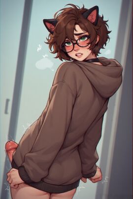 1boy 1boys 1femboy angry_expression ass blush boner brown_hair brown_hoodie cat_ears choker femboy glasses hoodie hoodie_only kaevywaevy messy_hair thighs