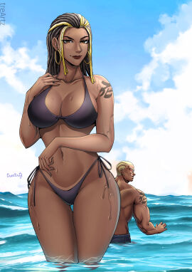 1boy 1girls ass bandai_namco beach big_ass bikini breasts couple dark-skinned_female dark-skinned_male day dreadlocks earrings female hoop_earrings looking_at_viewer male master_raven multicolored_hair namco ocean outdoors raven_(tekken) sunglasses tattoo tekken tekken_7 tekken_8 thick_thighs thong thong_bikini thotlerrr treartz wide_hips