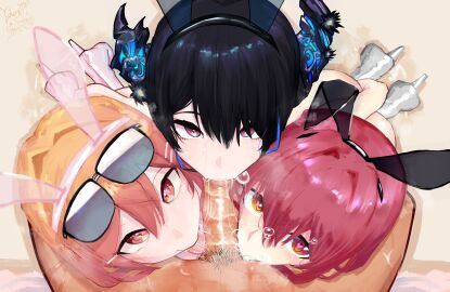 1boy 3girls asymmetrical_horns balls balls_lick balls_sucking black_hair blowjob broken_horn collaborative_fellatio eyewear_on_head fake_animal_ears fake_rabbit_ears fellatio female glasses_on_head heterochromia hololive hololive_dev_is hololive_english hololive_english_-advent- hololive_fantasy hololive_japan hololive_regloss horns houshou_marine ichijou_ririka ito_ryokucha light-skinned_female light_skin male male_pov male_pubic_hair nerissa_ravencroft oral oral_penetration oral_sex penis penis_in_mouth pov pubic_hair red_eyes red_hair sucking_balls sucking_testicles sunglasses sunglasses_on_head tan-skinned_male tan_skin testicles tongue tongue_out triple_fellatio unseen_male_face virtual_youtuber yellow_eyes