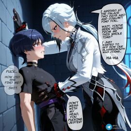 1boy 1boy1girl 1girls ai_generated anri_ai arlecchino_(genshin_impact) before_anal before_sex comic comic_page dominant_female domination femdom genshin_impact scaramouche_(genshin_impact) speech_bubble talking
