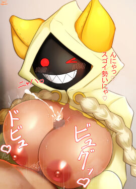 1boy absurdres animal_hood blazblue blonde_hair blush braid breasts cat_hood censored commentary_request cum dark-skinned_female dark_skin ejaculation female grin highres hood hood_up hoodie huge_breasts long_hair male mosaic_censoring nipples one_eye_closed paizuri penis red_eyes sharp_teeth sigumaster35 smile solo_focus straight tan taokaka teeth translation_request twin_braids upper_body yellow_hoodie