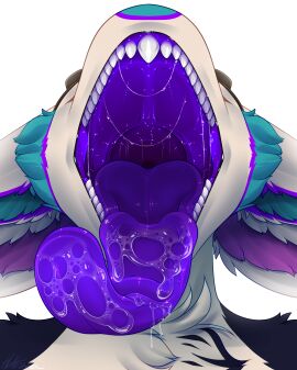 2025 4_ears absurd_res alpha_channel anthro avali avian blue_body blue_feathers bodily_fluids feathers female female_(lore) gaping_mouth hellezra hi_res macro macro_anthro macro_female mouth_shot multi_ear nude nude_anthro nude_female open_mouth purple_body purple_feathers purple_insides purple_mouth purple_tongue saliva saliva_on_tongue saliva_string signature simple_background solo teeth tether_(skye) tongue tongue_out transparent_background white_body white_feathers