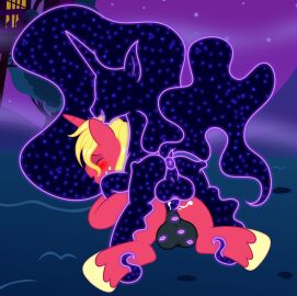 absurd_res anal anal_sex anus backsack badumsquish balls ballsack big_macintosh_(mlp) blush bodily_fluids building closed_eyes cum duo equid equine ethereal feral fog friendship_is_magic futanari genital_fluids genitals hasbro hi_res hooves horn house intersex kiss_mark kiss_mark_on_balls lipstick lipstick_on_balls makeup male male_penetrated mammal my_little_pony mythological_creature mythological_equine mythology night open_mouth open_smile penetration penis ponyville puffy_anus red_body smile sparkles star tantabus unicorn