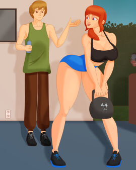 1boy 1girls battalion113 bent_over black_bra blue_eyes blue_shorts booty_shorts bottle breasts brown_hair brown_pants cleavage clothing duo exercise exercise_clothing female full_body green_tank_top hanna-barbera holding_water_bottle holding_weights human human_only light-skinned_female light-skinned_male light_skin looking_back looking_back_at_another male male/female mammal mature mature_female mature_male oc open_mouth orange_hair outdoors pants scooby-doo shaggy_rogers shoes shorts tank_top thick_thighs thighs voluptuous voluptuous_female water_bottle weights