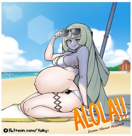 beach beach_towel belly belly_button bikini bikini_bottom bikini_top blonde_hair blush breasts color female green_eyes hi_res kneeling lens_flare line_art looking_at_viewer lusamine_(pokemon) outie_navel pokemon pokemon_sm postcard pregnant pregnant_belly pregnant_female sunbathing sunglasses sunglasses_on_head sunny tagme towel tsukiji vein veiny veiny_belly watermark yellow_hair
