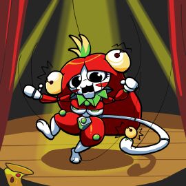 chabble female haplorhine monkey monkey_girl pizza_tower primate puppet red_hair stage stage_curtains stage_lights tomato_toppin toppin_gals toppin_gals_minus8 toppin_monsters