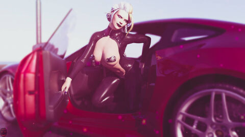 1girls 3d bodysuit car dmnhunter69 female ferrari jaina_proudmoore latex_bodysuit latex_suit pasties white_hair world_of_warcraft