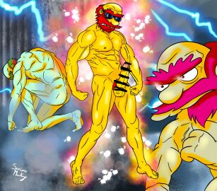 boner censored_penis completely_nude crossover erection glasses groundskeeper_willie kneeling male male_only muscular muscular_male nude penis posing red_hair seriousmonkey the_simpsons the_terminator yellow_body