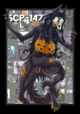 anthro big_breasts black bodypaint bone breasts canid canine canis cosplay female genitals halloween holidays jack-o'-lantern mal0 malo mammal nipples nude pricklyx pumpkin pussy scp-1471 scp-1471-a scp_foundation skull skully wolf