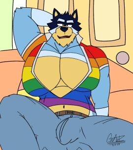anthro australian_cattle_dog bandit_heeler bara belt big_pecs bluey_(series) bulge bulge_through_clothing canid canine canis cleavage domestic_dog father fathers_day furry furry_bara gioartz huge_pecs jeans male male_cleavage muscles muscular muscular_chest open_legs open_shirt open_topwear pec_cleavage pecs pectorals pride_color_clothing pride_color_flag pride_colors slightly_chubby teasing yaoi