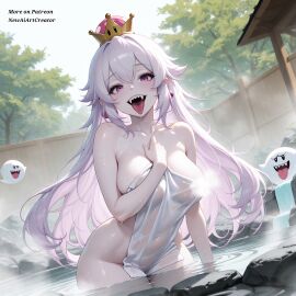 ai_generated breasts breasts_out large_breasts looking_at_viewer luigi's_mansion mario_(series) nude nude_female nudity princess_king_boo purple_eyes towel towel_only towel_wrap