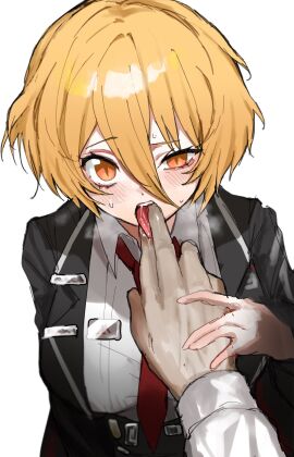 1boy 1girls akaimokou24 blonde_hair blush don_quixote_(limbus_company) female fingers_in_mouth lewd limbus_company looking_at_viewer male pov project_moon sweating tagme tongue