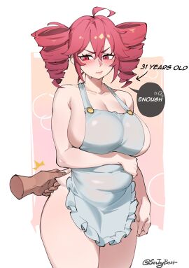 1boy 1girls 2d 2d_(artwork) ahoge annoyed annoyed_expression apron apron_only arm_under_breasts belly belly_grab big_belly big_breasts big_thighs blush blush_lines blushing breasts character_age chubby chubby_female cleavage curvaceous curvy curvy_female curvy_figure dialogue drill_hair embarrassed embarrassed_female embarrassed_nude_female english_dialogue english_text fat_ass female grabbing_belly huge_belly huge_breasts huge_thighs kasane_teto large_breasts large_thighs lips love_handles male mature mature_female naked_apron nude nude_female offscreen_character offscreen_male partial_male partially_clothed plump plump_ass plump_breasts plump_thighs red_eyes red_hair shiny_skin short_hair simple_background sintrybest speech_bubble sweat sweatdrop sweating text thick_thighs thighs twin_drills twintails utau voluptuous voluptuous_female white_background wide_hips