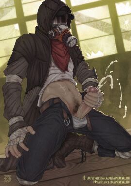 1boy aprax_valith cumming cumshot danilo_(fallout_76) ejaculation fallout fallout_(series) fallout_76 gas_mask happy_trail jacking_off jerking jerking_off jerkingoff large_penis long_penis male male_only mask masked masturbation orgasm pants_down pants_open penis pubic_hair scar skinny_male treasure_trail veiny_penis
