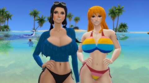 2girls 3d beach bikini female female_focus male nami_(one_piece) nico_robin one_piece post-timeskip the_sims the_sims_4 theooze