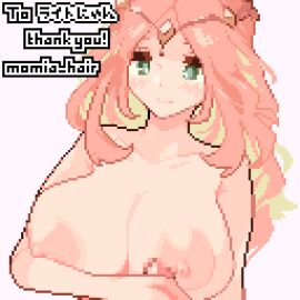 1boy 1girls animated blush breasts breasts_out collarbone completely_nude female gif green_eyes hair_ornament handjob huge_breasts huge_nipples male momiahair nude nude_female penis penis_massage pixel_animation pixel_art titjob unseen_male_face upper_body very_long_hair