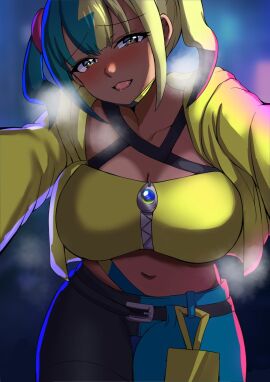 1girls bandeau belt black_halterneck blush breasts canari_(pokemon) canary_(pokemon) cleavage criss-cross_halter cropped_jacket female game_freak hair halterneck horny horny_female jacket jacket_open large_breasts mask mask_pull multicolored_clothing multicolored_hair multicolored_mask multicolored_pants navel nintendo open_jacket open_mouth pants pokemon pokemon_legends:_z-a saliva short_hair short_jacket solo solo_female solo_focus tara_(szzj7733) thick_thighs thighs twintails two-tone_clothing two-tone_mask two-tone_pants yellow_bandeau yellow_jacket zipper zipper_pull_tab