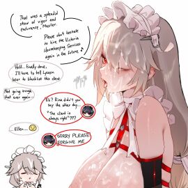 2girls alexandrina_sebastiane bite_mark breasts cum cum_on_body cum_on_breasts cum_on_hair ellen_joe english_text facial female grey_hair hair_between_eyes highres large_breasts long_hair maid maid_headdress multiple_females multiple_girls open_mouth red_eyes speech_bubble tongue tongue_out zasshu zasshu96 zenless_zone_zero