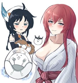2girls blush braid breasts cat_(battle_cats) collarbone color digital_media_(artwork) feathers female galaxy_gals green_eyes grey_eyes headband headmistress_jeanne huntress_terun jealous large_breasts light_skin long_hair looking_at_another looking_at_viewer mature_female nyanko_daisensou red_hair robe sed_(d4vcmk) smirk student teacher teenager the_battle_cats tiara