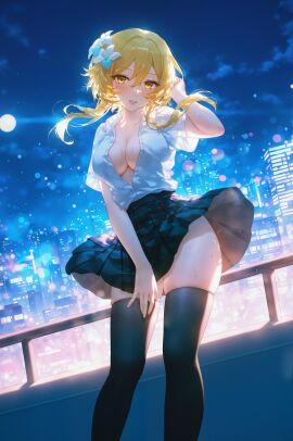 absurd_res adjusting_hair ai_generated alternate_costume arm_up backlighting black_skirt black_thighhighs blonde_hair blue_skirt blue_sky blurry blurry_background blush bokeh breasts building city city_lights cityscape cleavage clothes_lift cloud collarbone collared_shirt dress_shirt dutch_angle feet_out_of_frame female floating_clothes floating_hair flower from_below full_moon genshin_impact grin hair_between_eyes hair_flower hair_intakes hair_ornament hand_in_own_hair hand_on_own_head hand_on_own_thigh hand_up high-waist_skirt large_breasts lens_flare light_particles lily_(flower) lips long_hair looking_at_viewer lumine_(genshin_impact) medium_breasts medium_hair miniskirt ministro mole mole_on_thigh moon night night_sky no_bra no_panties open_clothes open_mouth open_shirt outdoors parted_lips partially_unbuttoned pleated_skirt railing rooftop school_uniform see-through_silhouette shirt shirt_tucked_in short_hair short_hair_with_long_locks short_sleeves sidelocks skindentation skirt skirt_lift sky skyline skyscraper smile solo standing star_(sky) starry_sky sweat teeth thighhighs thighs unbuttoned unbuttoned_shirt white_flower white_shirt wind wind_lift wing_collar yellow_eyes zettai_ryouiki