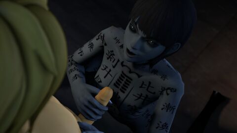 1boy 1girls 3d 3dhentaihero black_hair blonde_hair body_writing completely_nude crossover female ghost ghost_girl handjob link male master_of_the_labyrinth nude nude_female nude_male penis the_legend_of_zelda white_day_a_labyrinth_named_school