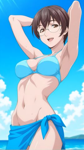 1girls ai_generated armpits arms_behind_head arms_up beach bible_black bible_black_only bikini bikini_bottom bikini_top blue_sky breasts brown_eyes brown_hair cleavage clouds cup curvaceous curvy curvy_figure dat_ass eyewear female glasses legs_together long_legs looking_at_viewer megane midriff navel nonogusa_miyuki ocean open_mouth outdoors perky_breasts petite presenting presenting_breasts round_ass sand sarong seaside short_hair smile standing swimsuit teen teenage_girl teenager teeth teeth_showing thighs thin_waist upper_body upper_teeth w0011153 water wide_hips