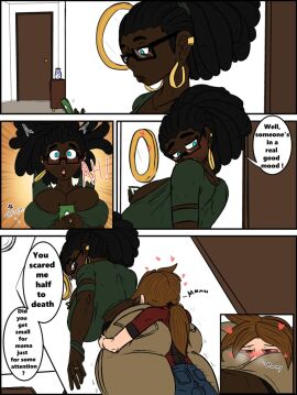 1boy 1girls african_female comic dark-skinned_female dark_skin dialogue english_text gokusenpai highres huge_ass huge_breasts interracial large_ass large_breasts larger_female light-skinned_male male/female original size_difference smaller_male speech_bubble text thick_lips wanda_(gokusenpai) white_male