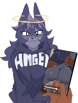 1boy 1girls 2024 anthro ass big_ass big_butt blue_hair blush bodily_fluids breasts brown_body canid canine canis cellphone clothing domestic_dog duo electronics erection eyebrow_through_hair eyebrows female fox fur genital_fluids genitals goolahan grey_body grey_clothing grey_fur grey_hoodie grey_topwear hair halo hand_on_ass hand_on_butt hi_res holding_object holding_phone hoodie humanoid_genitalia humanoid_penis hybrid male male_human/female_anthro mammal mini_(puppy_in_space) ngoolahan penetration penis phone pointy_ears prick_ears pussy simple_background smartphone smile solo_focus tail tail_grab tail_pull tail_tuft topwear translucent translucent_hair tuft vaginal_fluids vaginal_penetration white_background wolf