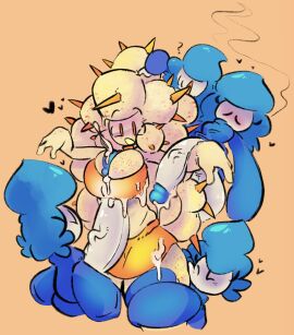 blush breasts clone cristalina_(bitwily) cum cute exhausted female flocos_(bitwily) freckles freckles_on_breasts freckles_on_face generalplorp heart hug hug_from_behind huge_thighs messy paizuri paizuri_under_clothes skirt tagme tired