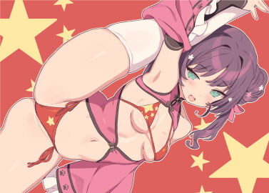 bangs belly_button bikini blade_(galaxist) blue_eyes breasts bridal_gauntlets chinese_clothes chinese_flag eyebrows_visible_through_hair female hair_bun hair_ornament hair_ribbon one_leg_up open_mouth original purple_hair small_breasts thick_thighs thighhighs thighs twintails