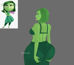 ass back_view big_ass big_butt big_thighs disgust_(inside_out) green_body green_eyes green_hair green_skin jadedkat69 leggings looking_at_viewer looking_back_at_viewer thick_legs thick_thighs upskirt