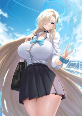 1girls asuna_(blue_archive) blonde_hair blue_archive breasts eye_covering_bangs female female_only hair_over_one_eye large_breasts long_hair miniskirt school_uniform skirt smile solo uniform very_long_hair