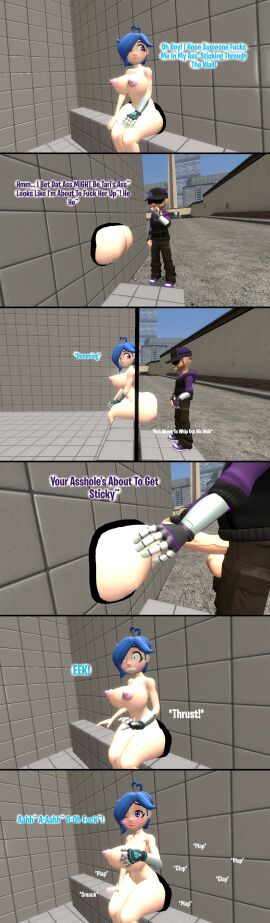 3d ass big_ass big_ass_cheeks blush breasts comic deekystjohn_(artist) dialogue female hiding_pussy kaibernation male male/female miles_broflovski_(deekystjohn) naked_female nipples penis pounding_ass public public_use pussy sitting smg4 tari_(smg4) text through_wall wall_sex