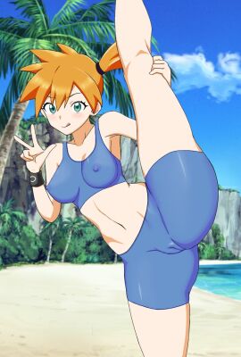 ass asymmetrical_hair beach blue_eyes blush bra breasts cameltoe closed_mouth cloud creatures_(company) day eyelashes female female_focus game_freak green_eyes hair_between_eyes hair_tie hand_up highres kasumi_(pokemon) large_breasts leg_hold leg_lift leg_up legs looking_at_viewer navel nintendo nipples noboyasm2000 open_mouth orange_hair outdoors palm_tree pokemon pokemon_frlg pokemon_rgby ponytail pussy sand shore short_hair shorts side_ponytail sky smile solo split sports_bra spread_legs standing standing_on_one_leg standing_split swimsuit thick_thighs thighs tongue tongue_out tree underwear v w water wristband