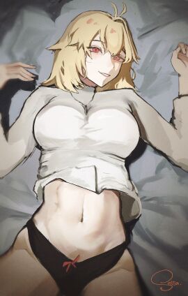 1girls arcueid_brunestud bed belly black_panties blush blushing breasts female huge_breasts inviting inviting_to_sex jewelry large_breasts looking_at_viewer lying_on_back lying_on_bed midriff navel necklace no_legwear no_pants panties red_eyes resting seducing short_hair smile thick_thighs thighs tsukihime tsukihime_(remake) tummy vampire vampire_girl