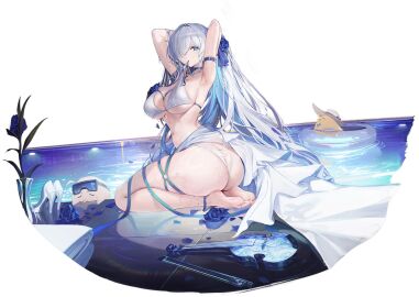 armpits arms_behind_head arms_up ass azur_lane barefoot bikini bird black_background blue_eyes blue_flower blue_hair blue_rose breasts brennus_(azur_lane) brennus_(musician_on_blade's_precipice)_(azur_lane) cg choker cleavage feet female flower full_body hair_over_one_eye large_breasts long_hair looking_at_viewer mouth_hold multicolored_hair navel official_alternate_costume official_art petals rose sarong sitting soles solo swim_ring swimsuit thighs toes unworn_shoes very_long_hair water wet white_bikini white_hair