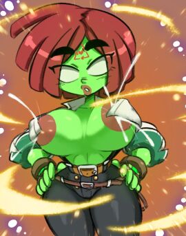 1girls 2d alternate_version_available areola areolae big_breasts blank_eyes brazilian brazilian_female breasts breasts_out clothed clothed_female clothing energy exposed exposed_breasts female female_focus female_only forehead_mark giovanna_(guilty_gear) glowing_skin green-skinned_female green_skin guilty_gear guilty_gear_strive jellot lactating lactation lactation_through_clothes large_breasts looking_at_viewer pinup possessed possession red-haired_female red_hair rei_(guilty_gear) shirt shirt_open short-haired_female short_hair solo solo_female squirting_milk super_form thick_thighs thighs transformation white_sclera