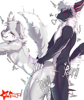 absurd_res anal anal_sex anthro anthro_on_anthro anthro_penetrated anthro_penetrating anthro_penetrating_anthro ass balls bedroom_eyes bite biting_lip black_body black_fur breath canid canine canis duo ear_piercing english_text erection facial_piercing frenum_ladder frenum_piercing from_behind_position fur genital_piercing genitals gold_(metal) gold_tooth grey_body grey_fur hair half-closed_eyes heart_symbol heterochromia hi_res humanoid_genitalia humanoid_penis industrial_piercing ladder_piercing looking_pleasured male male/male male_penetrated male_penetrating male_penetrating_male mammal markings multicolored_body multicolored_fur narrowed_eyes niceartlmao1 nose_piercing nose_ring nude penetration penile penile_penetration penis penis_in_ass penis_piercing piercing purple_markings purple_stripes red_markings ring_piercing seductive sex smile sound_effects standing standing_doggystyle standing_sex striped_body striped_fur stripes text two-tone_body two-tone_fur white_body white_fur white_hair wolf