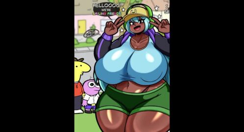 1girls 2boys a_jnsfw areolae background_characters bedroom_eyes bra breasts breasts_out brown_skin charlie_(smiling_friends) dark-skinned_female dark_skin dialogue dianedraculava dolly_dimpley emperor_radiation english_dialogue english_text english_voice_acting exposing_breasts exposing_chest female_focus gigantic_breasts half-closed_eyes huge_breasts inviting inviting_to_fuck inviting_to_sex inviting_viewer jacket large_breasts looking_at_viewer midriff nipple_bulge pim_(smiling_friends) removing_clothing shirt_up smile smiling_friends sound sweat sweatdrop tagme taking_clothes_off talking_to_viewer text thick_thighs video voice voice_acted wide_hips