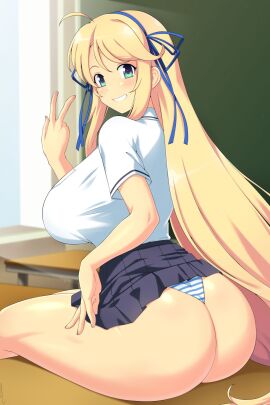 1girls ass big_ass big_butt blonde_hair breasts classroom female huge_ass huge_breasts huge_butt katsuragi_(senran_kagura) large_ass large_butt lindaroze panties school_uniform schoolgirl_uniform senran_kagura sitting skirt solo v