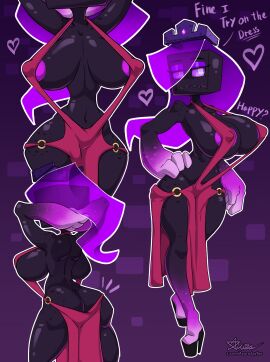 1girls areola_slip areolae ass azura_inalis big_breasts black_skin breasts crown dialogue dress enderman enderwoman english_text eyeshadow female heart high_heels jade_(azura_inalis) minecraft nipple_bulge purple_hair purple_nipples purple_sclera revealing_clothes skinny slim_waist solo tagme thighs translucent_hair