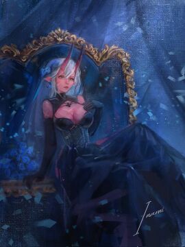 akumi artist_name bare_shoulders black_dress black_gloves breasts cleavage dress earrings elbow_gloves female gloves horns jewelry large_breasts long_hair looking_at_viewer oni_horns pointy_ears signature sitting solo virtual_youtuber vyugen yellow_eyes