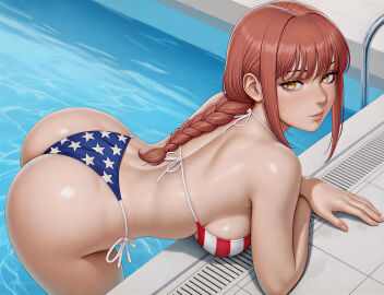 1girls 4k 4k_resolution 8k ai_generated american_flag_bikini bending_over bikini chainsaw_man female female_focus hi_res high_resolution highres hires indoors looking_at_viewer makima_(chainsaw_man) pony_tail pool poolside red_hair solo solo_female upscaled yellow_eyes